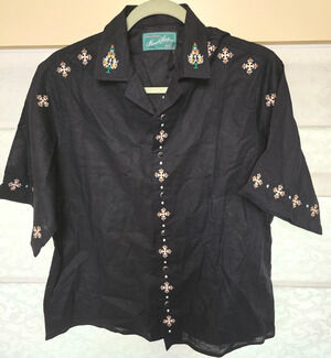 Maison Article Cruise Crosses Shirt Mens Small Black Embroidered Button Up NWT